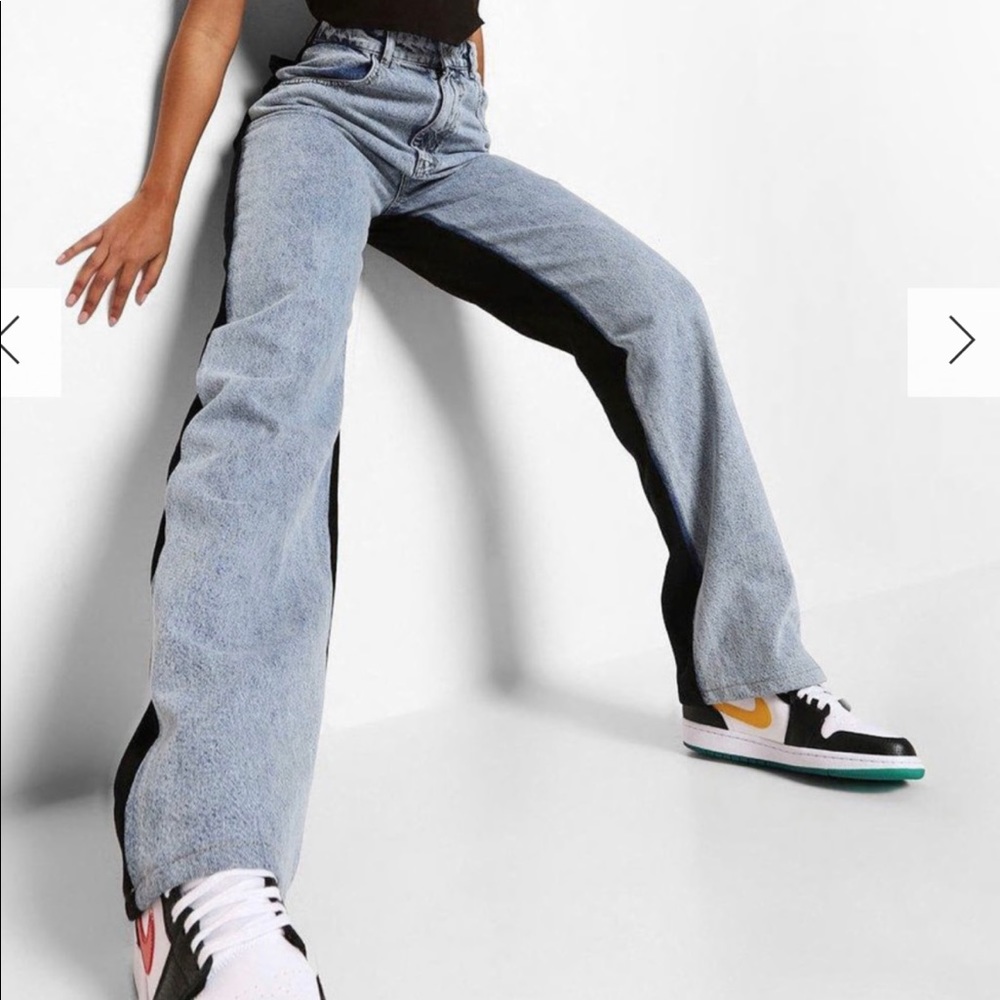 Boohoo light blue and black colorblock wide leg jeans